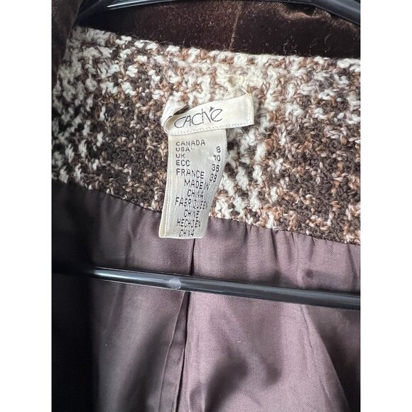 Cache Blazer Velvet/ fur trimmed Dark brown and Ivory Tweed Blazer.sz 8 Vtg - Picture 10 of 11
